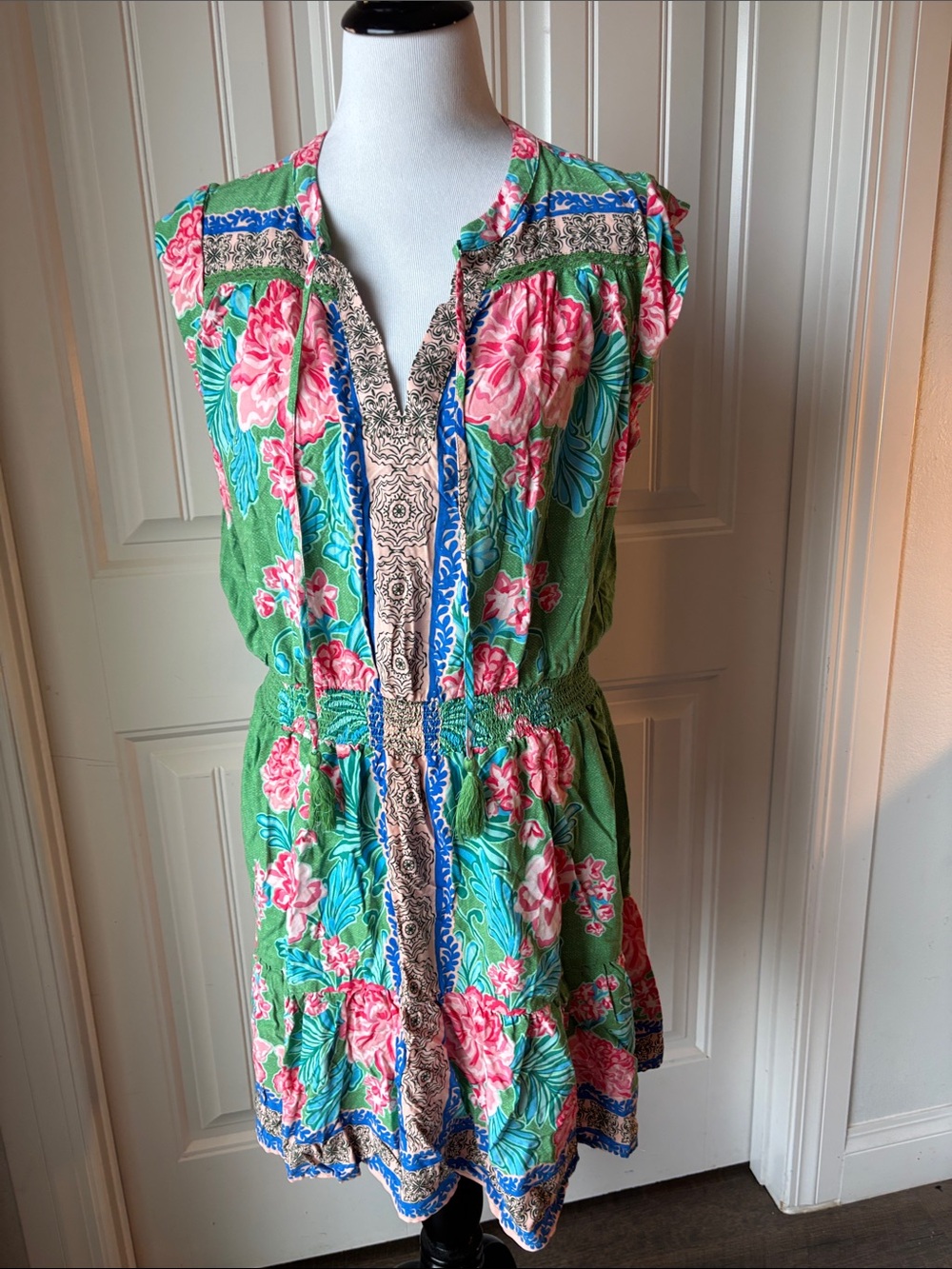 Nanette Lepore Green Floral Mini Dress with Pink Blooms